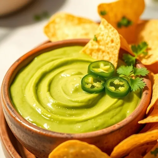 Copycat Chuy's Creamy Jalapeño Dip Recipe: The Perfect Appetizer for Any Occasion! 1 Close-up of creamy green jalapeño dip with tortilla chips and cilantro garnish.