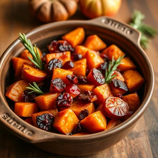 Cranberry Apple Sweet Potatoes Recipe 1 Close-up of roasted cranberry apple sweet potatoes in a rustic dish, garnished with rosemary, on a wooden table.