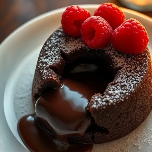 Decadent Raspberry Chocolate Lava Cake: Perfect for Your Valentine's Day Celebration 1 Molten chocolate lava cake with a gooey center, fresh raspberries, and powdered sugar on a white plate.
