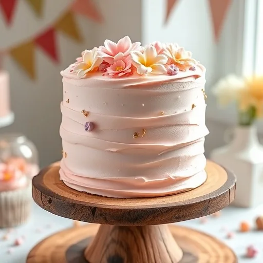Easy & Beautiful Birthday Cake Recipe for Any Celebration: Perfect for Home Bakers! 1 Three-layer vanilla birthday cake with pastel pink buttercream, edible flowers, and gold sprinkles on a wooden stand.