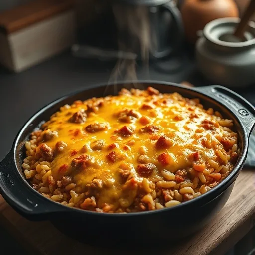 Easy Cheesy Beef & Rice Casserole Recipe 1 Close-up of bubbling cheesy beef and rice casserole in a rustic baking dish, golden and delicious, ready to serve.