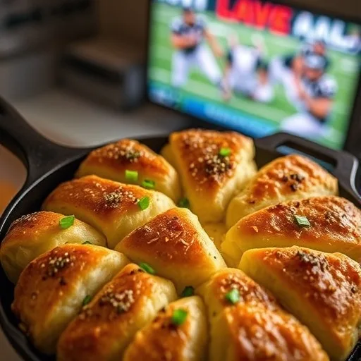 Easy Cheesy Pull-Apart Garlic Bread for the Ultimate Game Day Snack 1 Close-up of cheesy pull-apart garlic bread in a cast iron skillet, garnished with chives.