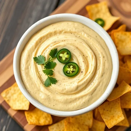 Easy Creamy Homemade Chuy's Style Jalapeño Dip Recipe for Game Day 1 Creamy homemade jalapeño dip in a white bowl with tortilla chips on a wooden board.