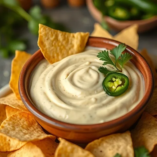Easy Creamy Jalapeno Dip: The Ultimate Chuy's Copycat Recipe! 1 Creamy jalapeno dip in a rustic bowl with tortilla chips and cilantro garnish.