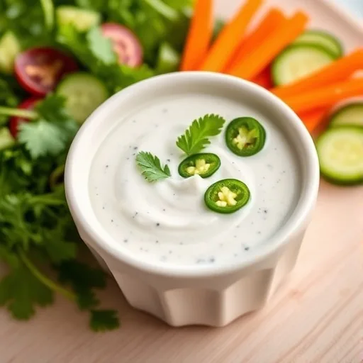 Easy Creamy Jalapeno Ranch Dressing Recipe: Perfect for Dips & Salads 1 Creamy homemade jalapeno ranch dressing in a white bowl with fresh cilantro and jalapeno slices, surrounded by vegetables.