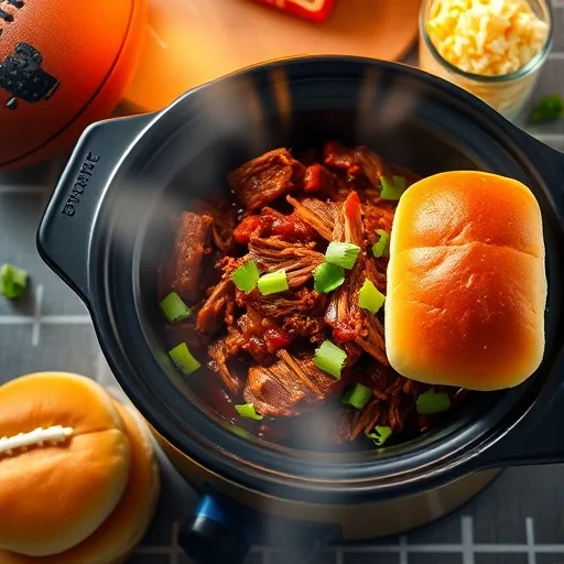 Easy Crock Pot BBQ Pulled Pork Sliders: The Ultimate Game Day Party Food 1 Crock pot filled with BBQ pulled pork, garnished with cilantro, next to slider buns and coleslaw for game day.