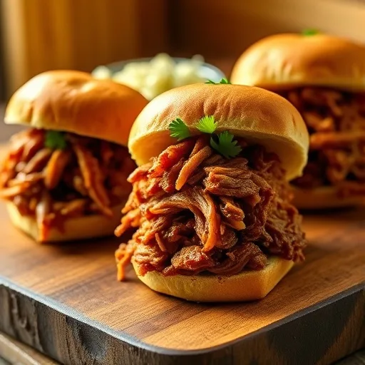 Close-up of BBQ pulled pork sliders on a wooden board with coleslaw.