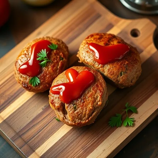 Close-up of golden-brown mini turkey meatloaves, garnished with fresh herbs on a wooden board.