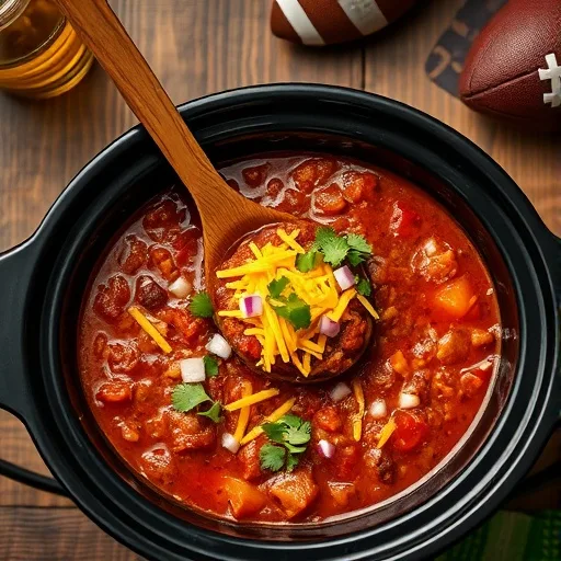 Overhead view of a slow cooker filled with hearty chili, garnished with cheese, onions, and cilantro, on a rustic table.