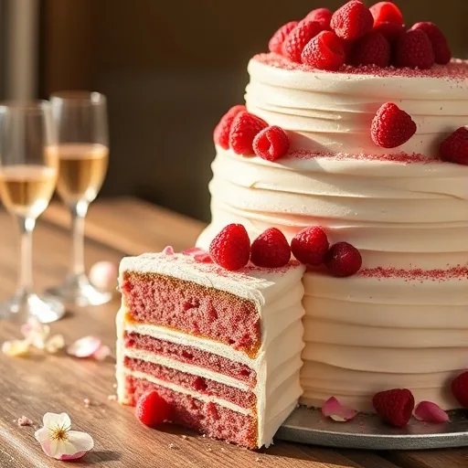 A white, multi-tiered raspberry rose cake with fresh raspberries, rose petals, and edible glitter, ready for a Galentine's Day celebration.