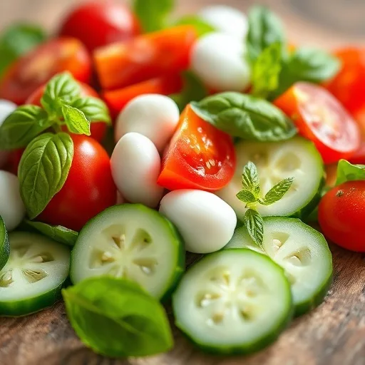 Close-up of a refreshing Cucumber Caprese Salad featuring sliced cucumbers, cherry tomatoes, mozzarella pearls, and fresh basil.