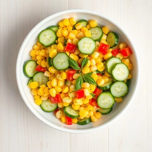 Close-up of a vibrant cucumber corn salad with fresh green cucumbers, yellow corn, red bell pepper, and herbs.