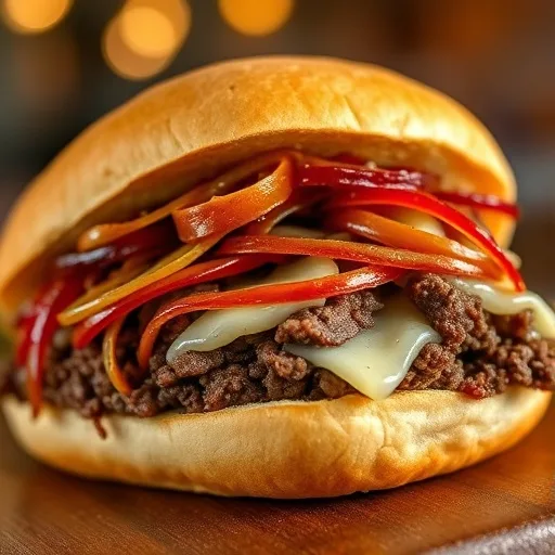 Ground Beef Philly Cheesesteak 1 Close-up of a delicious homemade Ground Beef Philly Cheesesteak sandwich with melted cheese and sautéed vegetables.