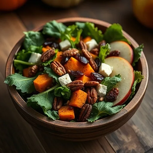 Harvest Salad: Easy Fall Flavors 1 A colorful Harvest Salad with roasted butternut squash, cranberries, pecans, goat cheese, and apple slices, drizzled with vinaigrette.