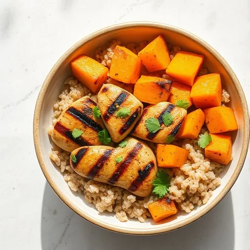 Healthy Chicken Sweet Potato Rice Bowl Recipe 1 Healthy chicken sweet potato and rice bowl with grilled chicken, roasted sweet potatoes, brown rice, and fresh herbs.