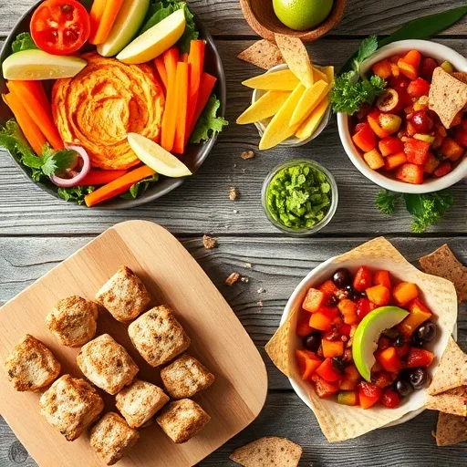 Healthy Game Day Recipes: Delicious & Guilt-Free Snacks for Your Next Party 1 A spread of healthy game day snacks including veggie platter, hummus, chicken skewers, and fruit salsa.