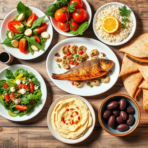 Healthy Mediterranean Recipes: Vibrant & Delicious 1 A colorful array of healthy Mediterranean dishes including Greek salad, grilled fish, hummus, and pita bread.