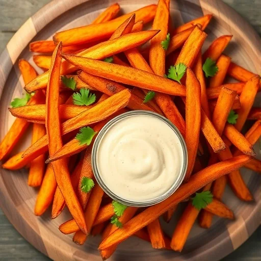 Healthy Sweet Potato Fries: Crispy & Delicious Recipe 1 Close-up of golden-brown, crispy baked sweet potato fries on a wooden board with fresh herbs.
