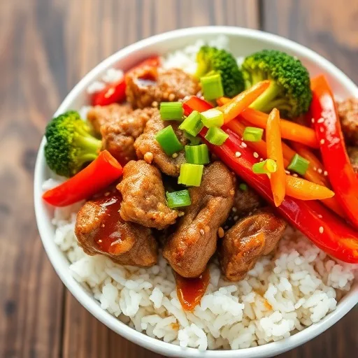 Healthy Teriyaki Turkey Bowl Recipe 1 A healthy teriyaki turkey bowl with rice, ground turkey, broccoli, red bell pepper, and carrots, garnished with sesame seeds.