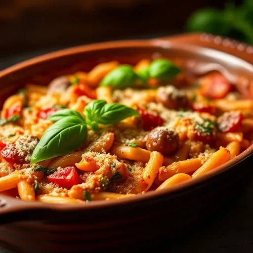 Healthy Veggie Baked Ziti: Easy & Delicious Dinner! 1 A close-up shot of a baked ziti casserole filled with colorful vegetables and melted cheese, fresh basil.