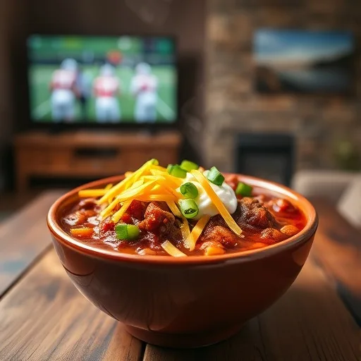 Hearty Game Day Chili: The Ultimate Crowd-Pleasing Recipe for Your Next Watch Party! 1 A steaming bowl of hearty beef chili topped with cheese, sour cream, and green onions on a wooden table.