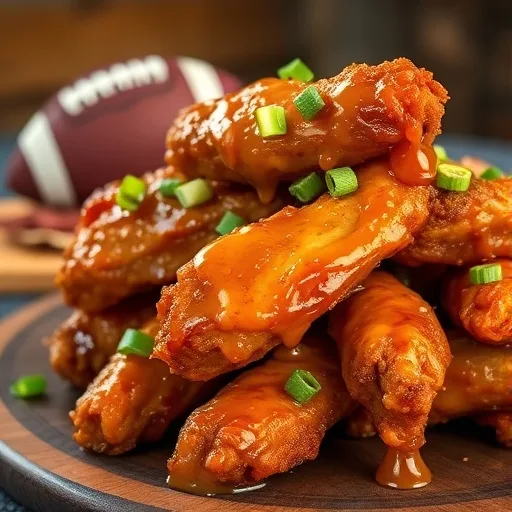 A platter of glossy, sticky honey garlic chicken wings garnished with green onions.