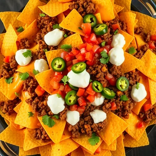 Irresistible Loaded Nachos Recipe: The Ultimate Game Day Snack for a Winning Crowd! 1 A large platter of heavily loaded nachos with melted cheese, ground beef, pico de gallo, sour cream, and jalapeños, ready for game day.