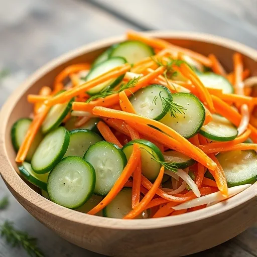 Refresh Your Plate: Easy Cucumber Carrot Salad Recipe 1 A colorful Cucumber Carrot Salad in a rustic wooden bowl, showcasing fresh cucumbers and shredded carrots.