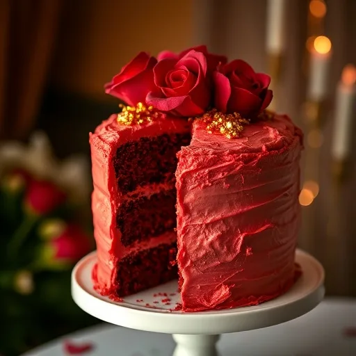 Romantic Red Velvet Valentine's Birthday Cake: A Decadent Celebration Dessert 1 A beautifully decorated red velvet cake with cream cheese frosting, topped with red roses and gold flakes, on a white cake stand.