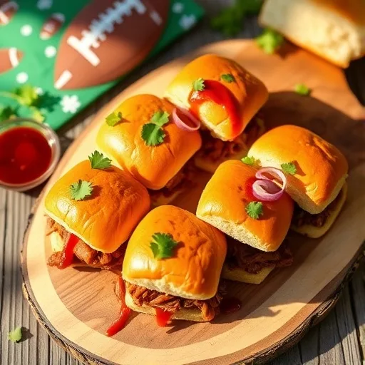 Slow Cooker BBQ Pulled Pork Sliders: Easy Game Day Crowd-Pleaser Recipe 1 Close-up of slow cooker BBQ pulled pork sliders on a wooden board with fresh cilantro and red onion.