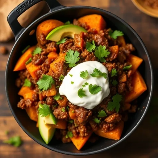 Southwest Beef Sweet Potato Skillet: Dinner Delight 1 Close-up of a colorful Southwest beef and sweet potato skillet dish garnished with fresh cilantro.
