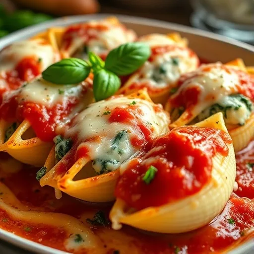 Spinach Ricotta Stuffed Shells: Easy Dinner Idea 1 Baked spinach ricotta stuffed shells, golden-brown with melted cheese and rich tomato sauce, served in a casserole dish.