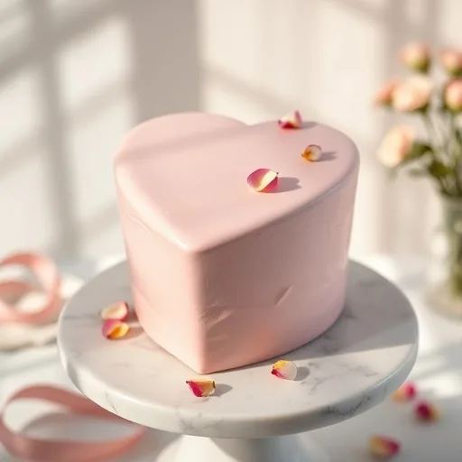 A beautifully decorated light pink heart-shaped cake on a white marble stand with edible rose petals.
