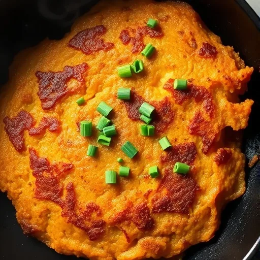 Crispy sweet potato hash browns in a cast iron skillet, garnished with fresh green chives, perfect for breakfast.