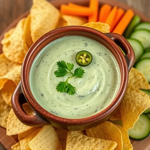 The Best Copycat Chuy's Creamy Jalapeño Ranch Dip Recipe at Home 1 Creamy green Chuy's style jalapeno ranch dip in a bowl with tortilla chips and vegetables.
