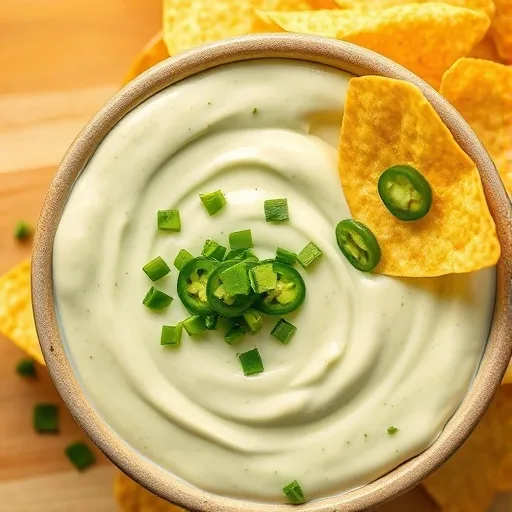 The Ultimate Copycat Chuy's Creamy Jalapeño Ranch Dip Recipe! 1 A creamy, pale green jalapeño ranch dip in a rustic bowl, garnished with cilantro and sliced jalapeños, surrounded by golden tortilla chips.