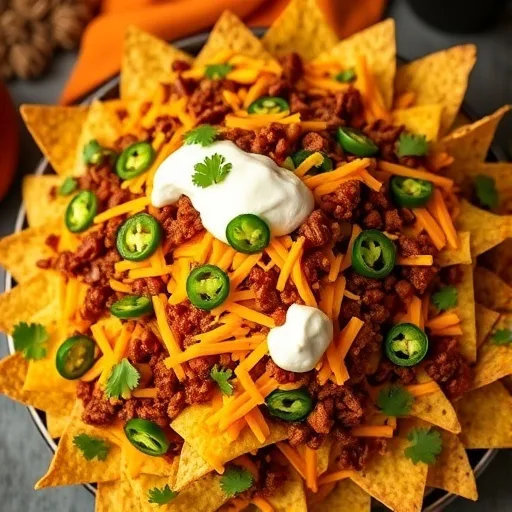 Close-up of a platter of loaded chili nachos with melted cheese, chili, sour cream, and jalapeños.