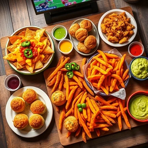 Ultimate Game Day Appetizers: Easy & Crowd-Pleasing Snacks for Your Next Party 1 A vibrant spread of game day snacks including loaded nachos, buffalo chicken sliders, sweet potato fries, and guacamole.
