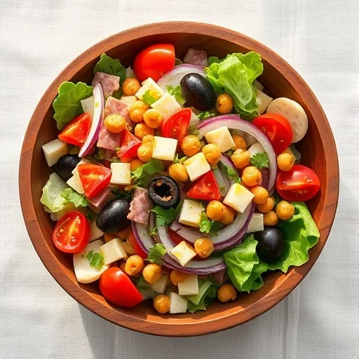Close-up of a vibrant Italian chopped salad in a wooden bowl with salami, provolone, olives, and fresh greens.