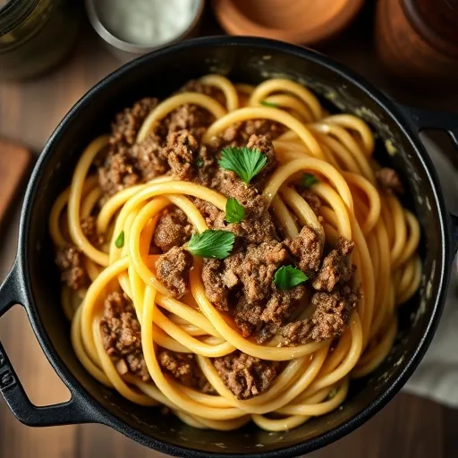 Creamy Ground Beef Pasta: Easy & Delicious Dinner 1 A rich and creamy ground beef pasta dish in an iron skillet, garnished with fresh parsley and cheese.