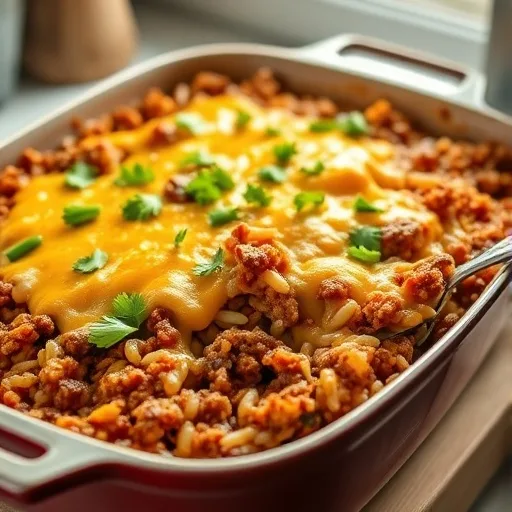 Easy Ground Beef Rice Casserole: Ultimate Comfort Food 1 Close-up of a cheesy ground beef and rice casserole, baked to golden perfection in a rustic baking dish.