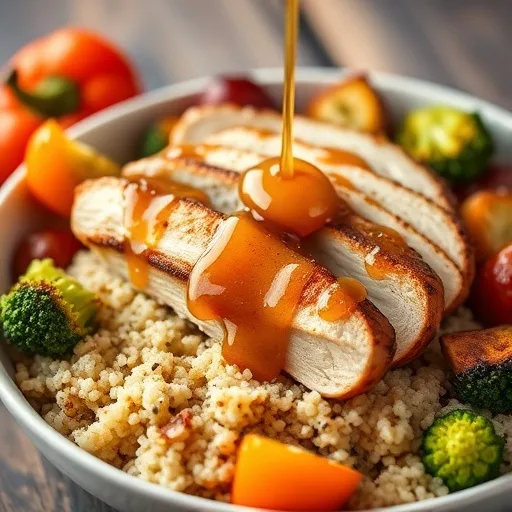 Fiery Hot Honey Turkey Bowl Recipe! 1 Close-up of a hot honey turkey bowl with seasoned turkey, quinoa, roasted vegetables, and a shiny hot honey glaze.