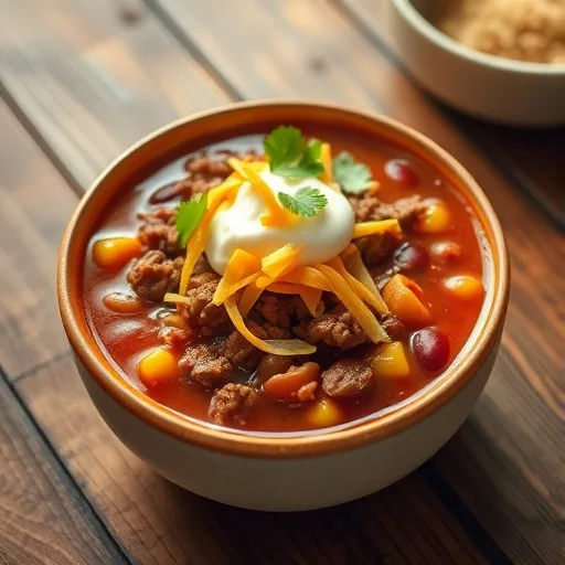 Ground Beef Taco Soup: Easy Weeknight Dinner 1 Hearty ground beef taco soup with cheese, sour cream, and cilantro in a rustic bowl on a wooden table.