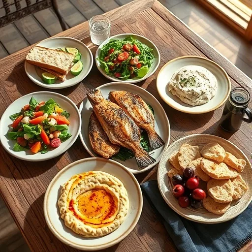 Healthy & Delicious Mediterranean Dinner Recipes 1 A vibrant Mediterranean dinner spread with grilled fish, Greek salad, hummus, pita bread, and fresh olives