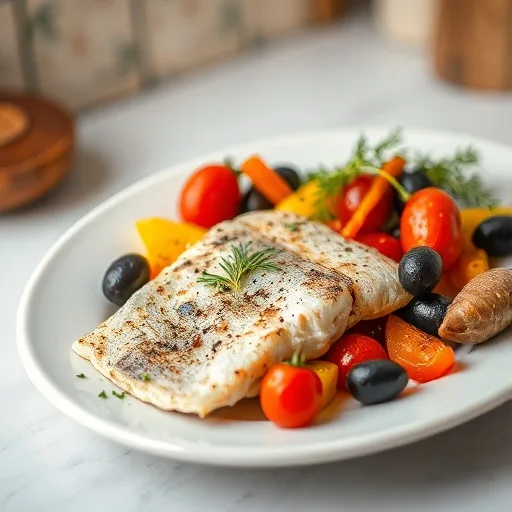Healthy Mediterranean Baked Fish Recipe 1 Close-up of flaky Mediterranean baked fish with vibrant roasted vegetables and fresh herbs on a white plate.