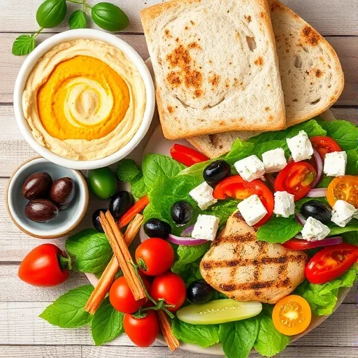 Healthy Mediterranean Diet Recipes for a Vibrant Life 1 A vibrant and healthy Mediterranean diet meal featuring hummus, olives, pita, salad, grilled chicken, and fresh vegetables.