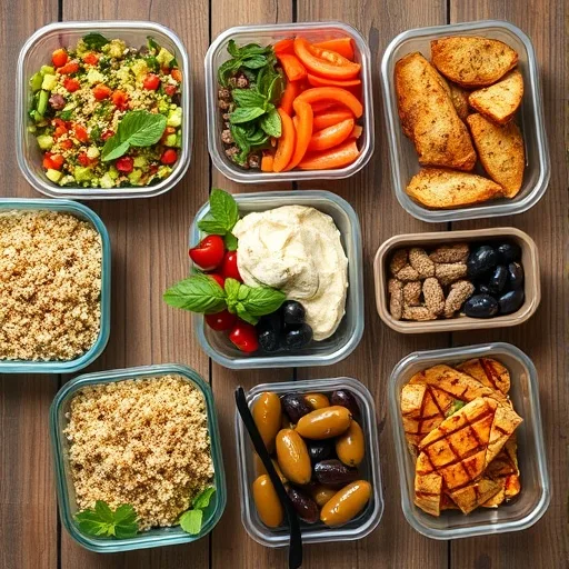 Healthy Mediterranean Meal Prep for Busy Weeks 1 Colorful Mediterranean meal prep containers with quinoa, grilled chicken, hummus, and veggies on a wooden table.