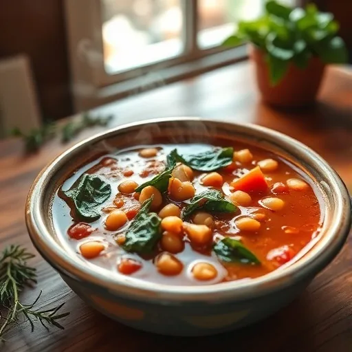A close-up of a steaming bowl of healthy Mediterranean soup, filled with colorful vegetables and herbs.