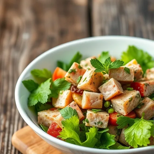 Healthy Mediterranean Tuna Salad Recipe 1 Close-up of a healthy Mediterranean tuna salad with olives, cherry tomatoes, and cucumber in a white bowl.