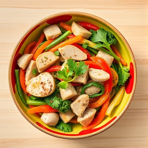 Healthy Turkey Recipes: Delicious & Light Meal Ideas 1 Colorful healthy turkey and vegetable stir-fry in a light blue bowl, garnished with fresh cilantro and lime.